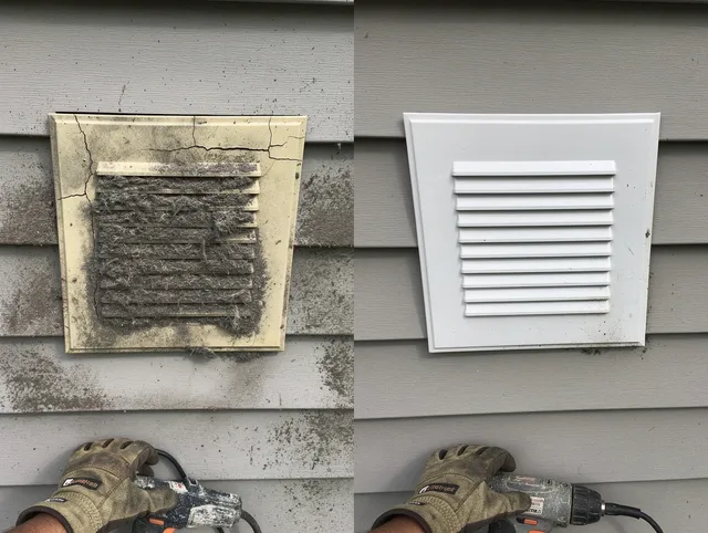 Upland Dryer Vent Cleaning technician installing high-quality dryer vent cover at a residential property in Upland