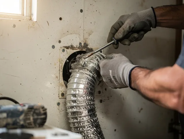 Upland Dryer Vent Cleaning technician performing precise dryer vent hose installation in Upland